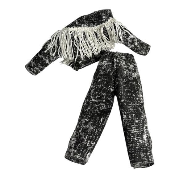 Fringed Acid Wash Jacket & Pants For Ken Barbie Doll Black White Gray Set Vtg - Picture 2 of 4